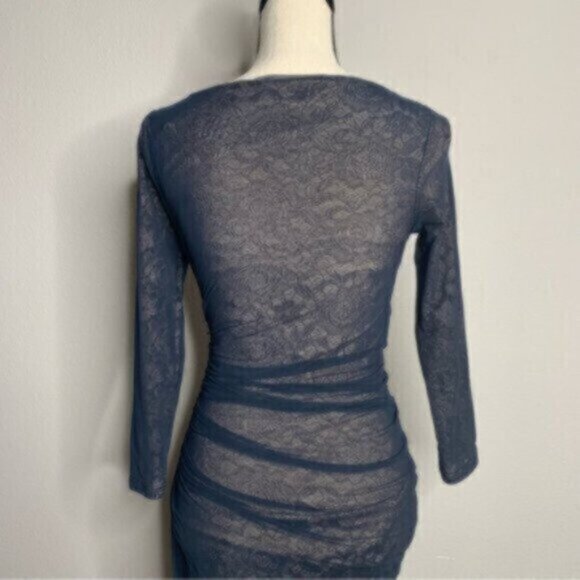 Reiss Dark Blue Sheer Lace Underlay Ruched Bodycon Midi Dress - Picture 9 of 11